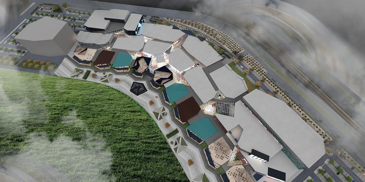 A detailed aerial rendering of a modern building complex with various structures, outdoor spaces, parking lots, and landscaped areas.