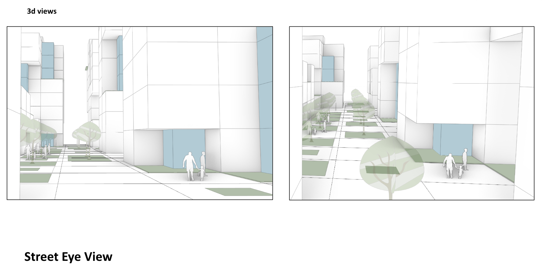 Architectural rendering of an urban street view with modern buildings, green trees, and pedestrians walking along the sidewalk.