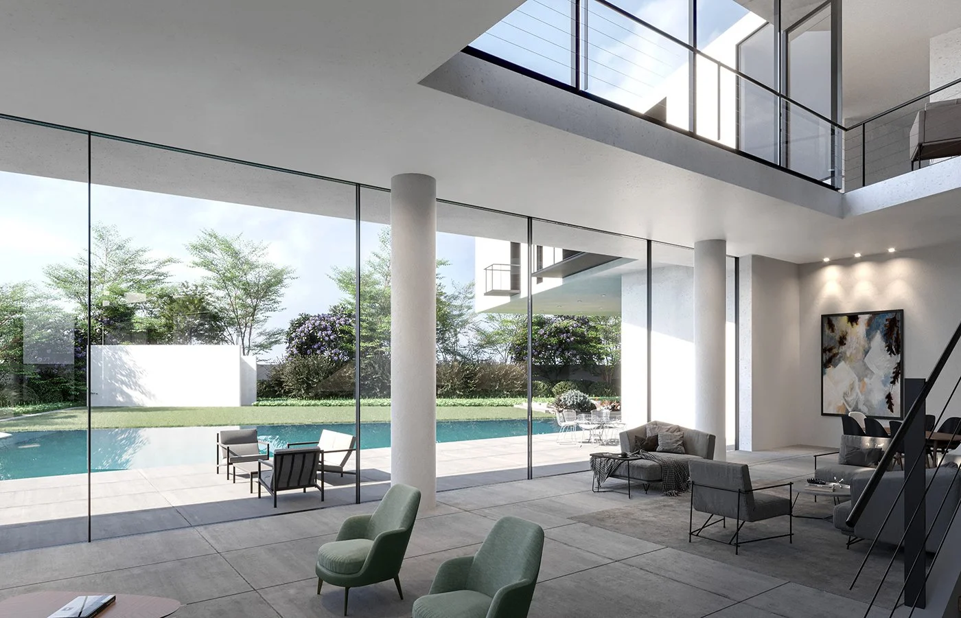 Modern living room with floor-to-ceiling glass windows overlooking a backyard with a swimming pool, outdoor seating, and green trees.