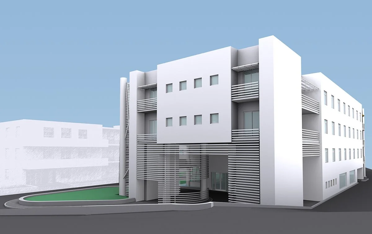 A 3D rendering of a modern white multi-story apartment building with balcony railings and decorative horizontal slats, set against a clear blue sky.