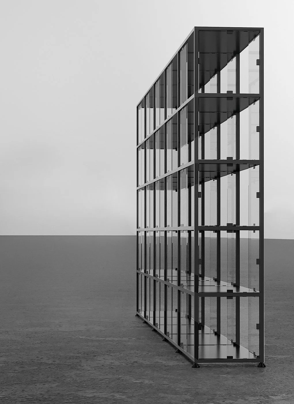 A modern, multi-story glass and metal framework building located on a flat, open landscape with a cloudy sky.