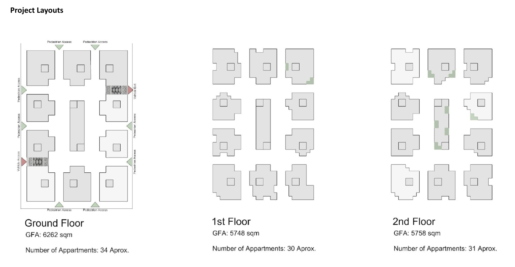Architectural floor plans of a multi-story apartment building, showing ground floor, 1st floor, and 2nd floor layouts with labels for pedestrian access, vehicle exit, and apartment numbers.