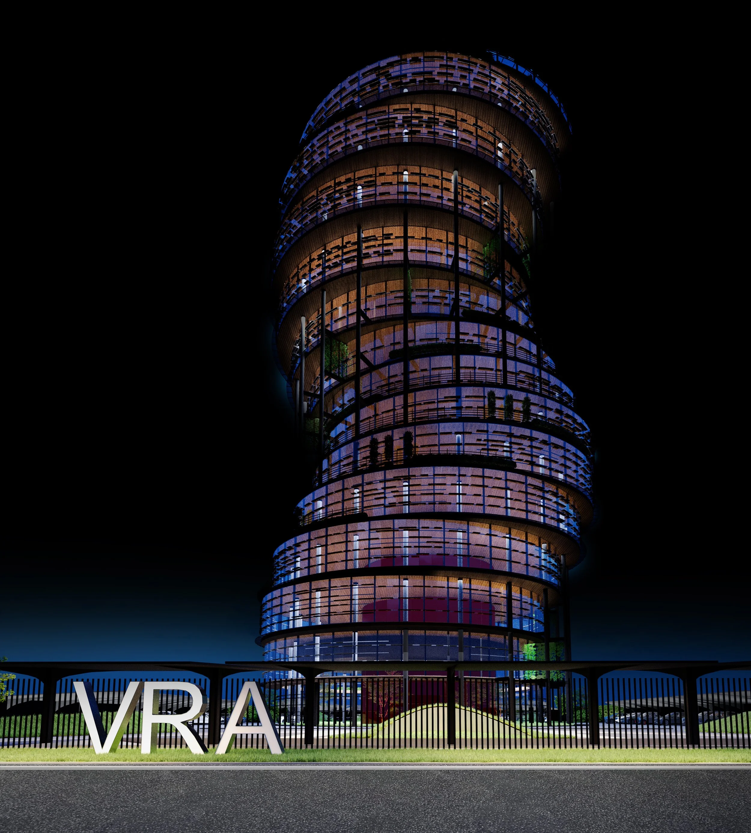 Night view of a modern, illuminated skyscraper with a spiral design, with a fence and greenery in the foreground, and part of the word 'VIRA' visible on the fence.