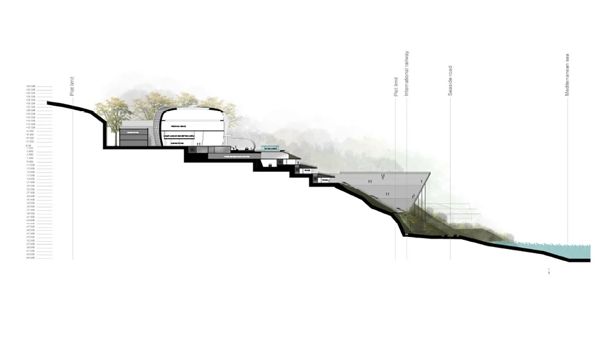 Section view of a modern architectural building built into a hillside, with multiple levels, trees, and a body of water at the bottom right.