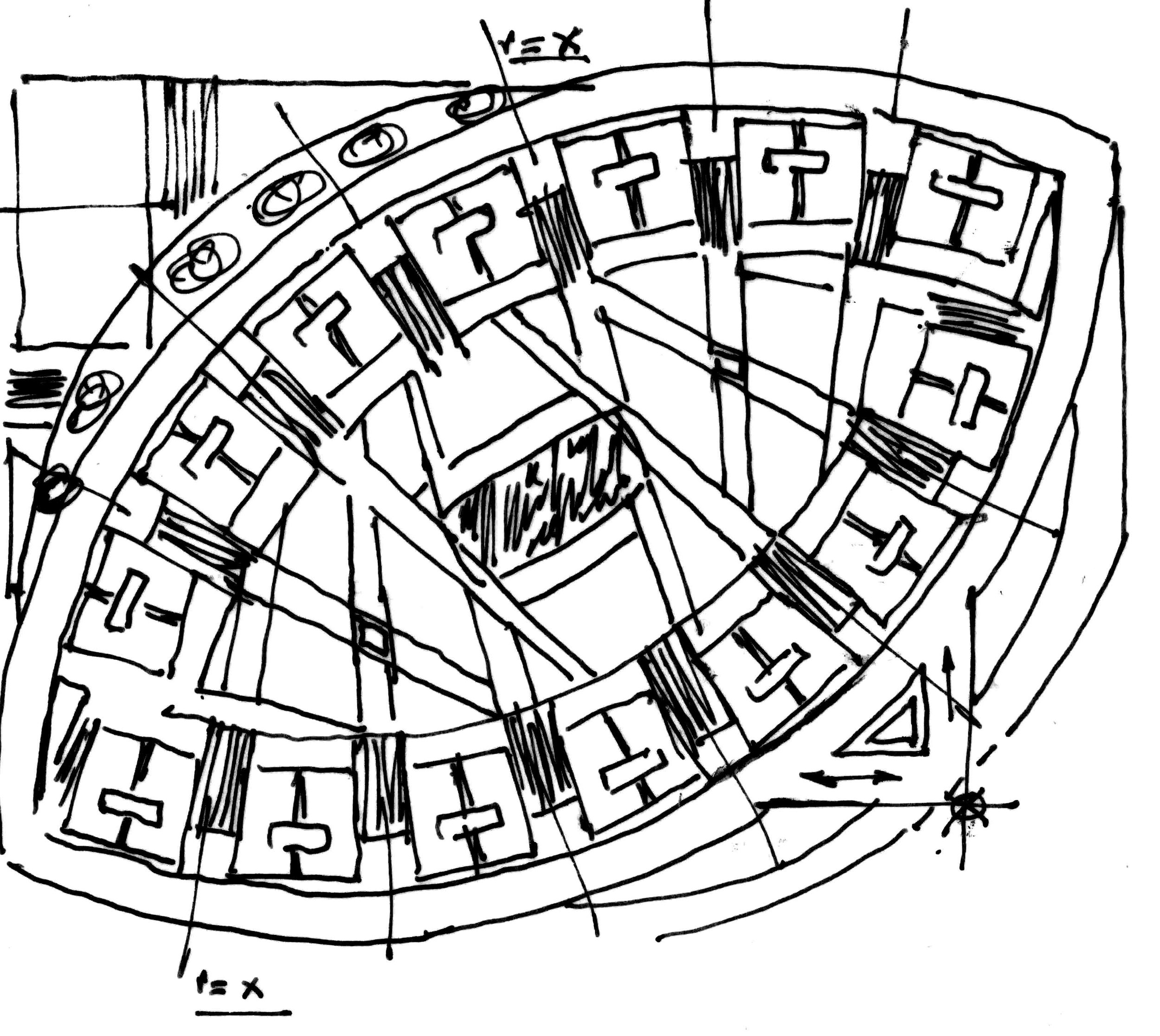 Sketch of a circular architectural floor plan with detailed markings, labels, and measurements.