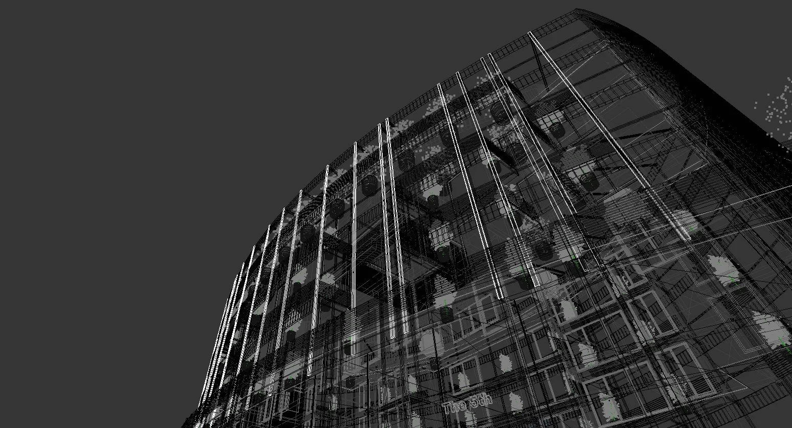 A wireframe 3D model of a multi-story modern building with vertical lighting accents, viewed from a low angle.