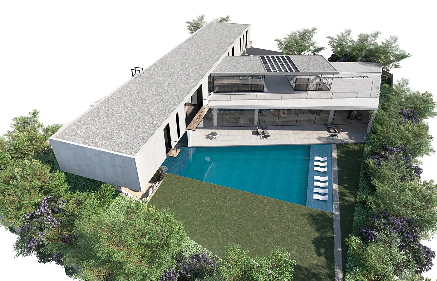 A modern house with a swimming pool, outdoor lounge area, surrounded by trees, with a rooftop terrace and large glass windows.