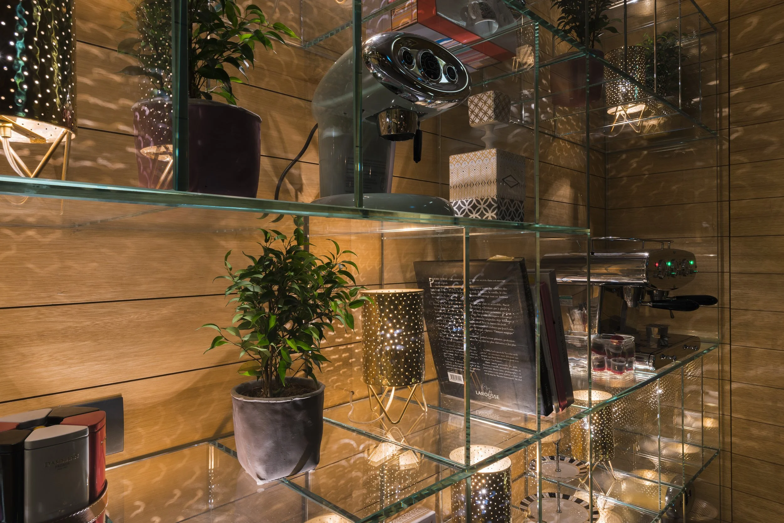 Glass display shelf with decorative items including potted plants, patterned boxes, a vintage hairdryer, lamps, and a coffee machine on a wooden wall background.