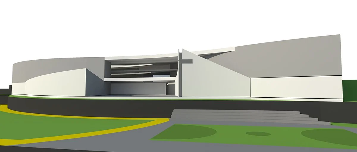 A modern architectural building with white and gray exterior, situated on a curved path with green lawns and steps leading to the entrance.