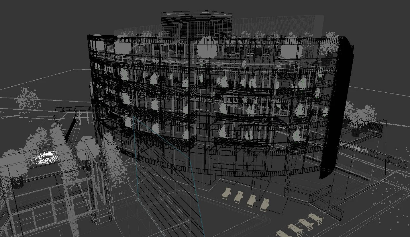 3D wireframe model of a multi-story building with balconies, stairs, and surrounding area including trees, benches, and a circular structure.