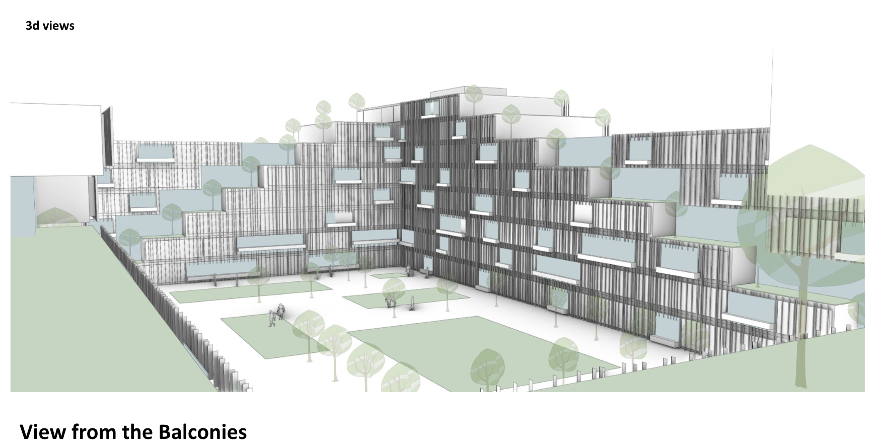 3D architectural rendering view from balconies showing a modern apartment complex with outdoor green spaces and trees.