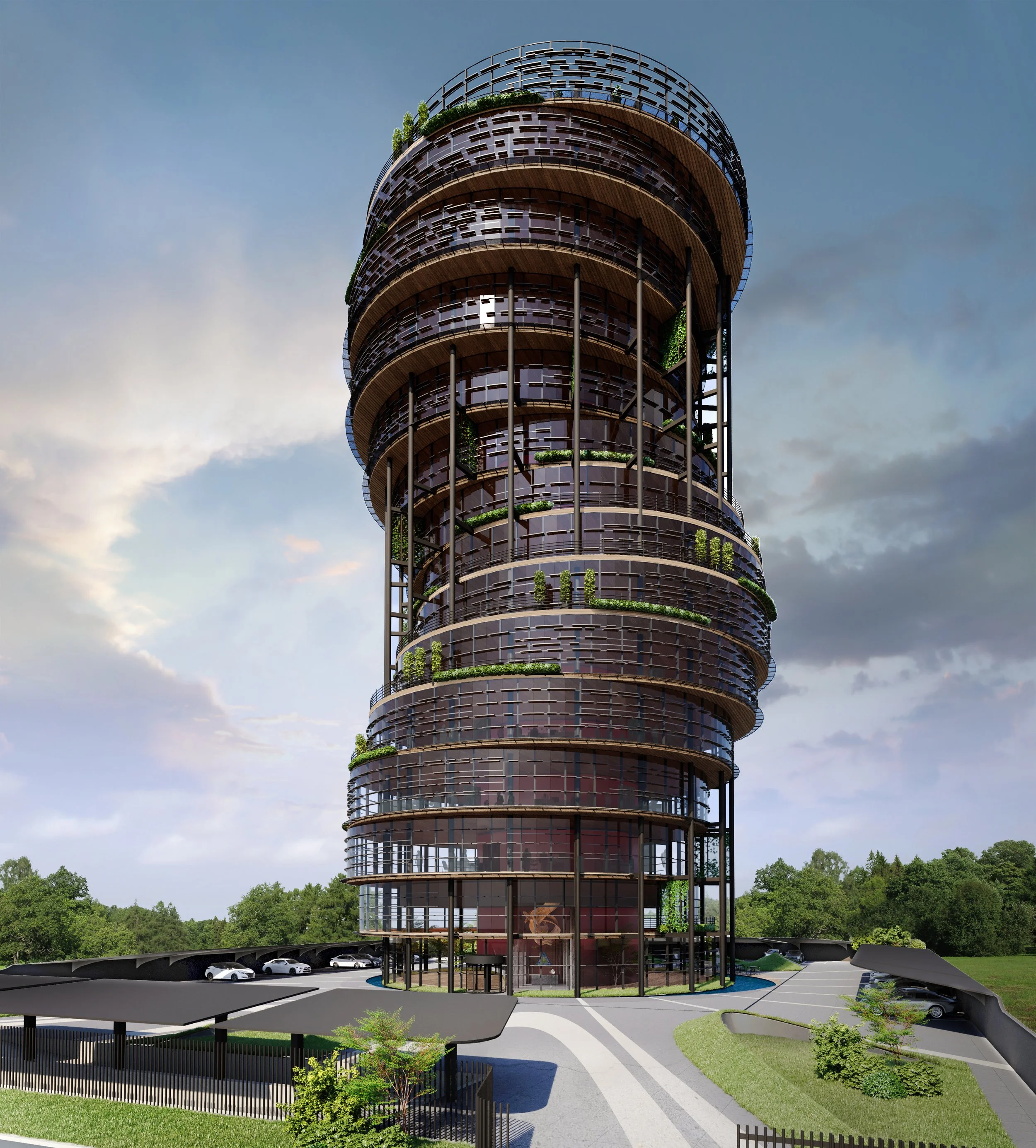A modern, round high-rise building with multiple balconies, glass windows, and green plants on the balconies, set against a partly cloudy sky with trees at the base. There is a parking lot with cars and a driveway leading to the building.