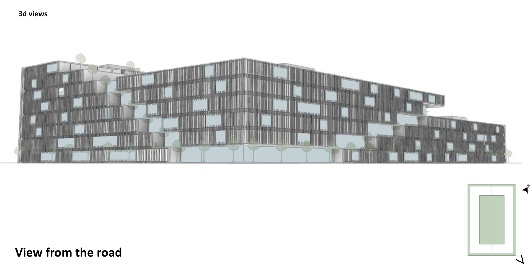 3D architectural rendering of a modern, multi-story building with irregularly spaced windows and green trees along the sidewalk, seen from the road with a north arrow and site plan in the corner.