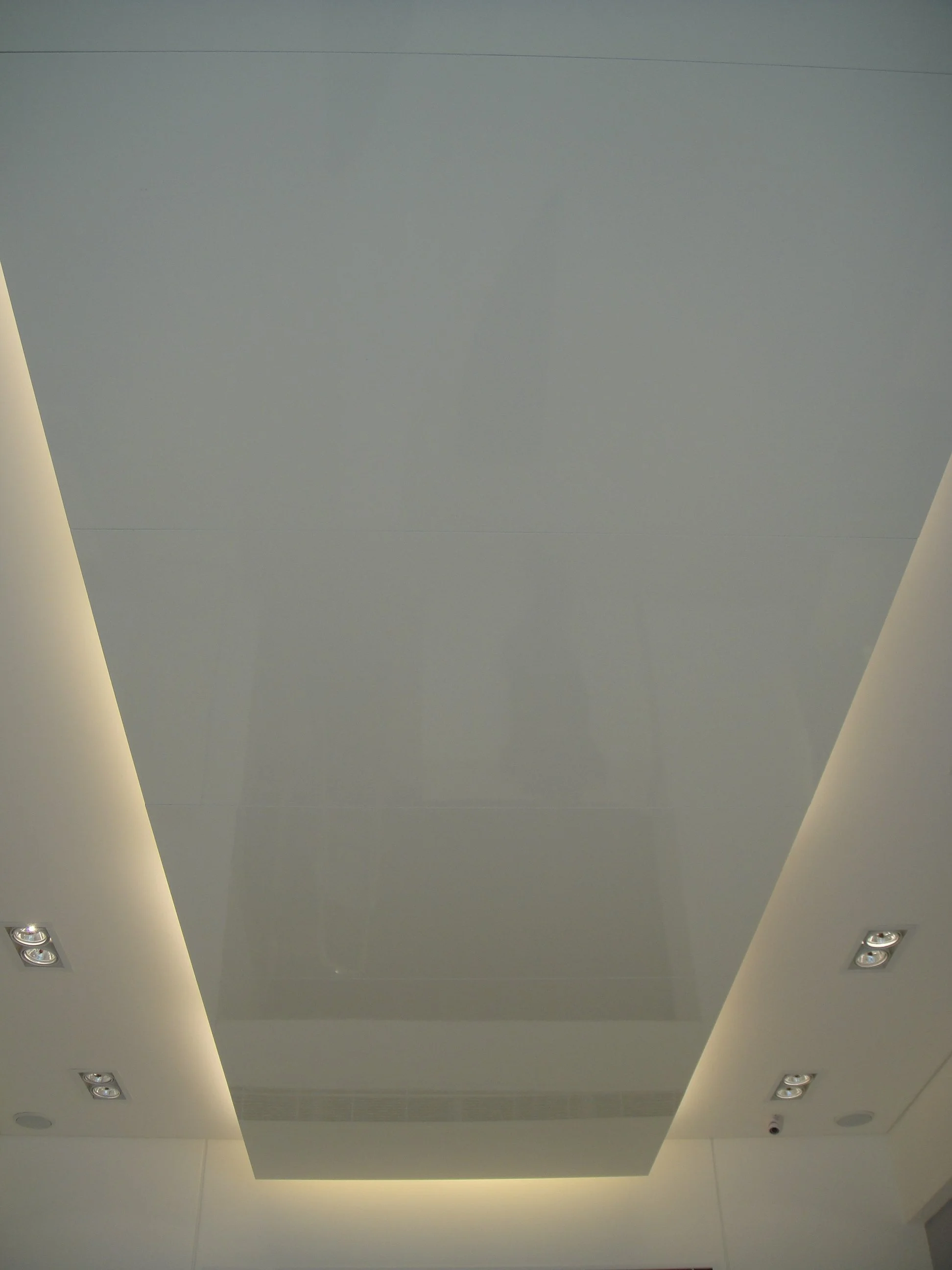 Ceiling with recessed lighting and a large central rectangular panel, surrounded by white walls.