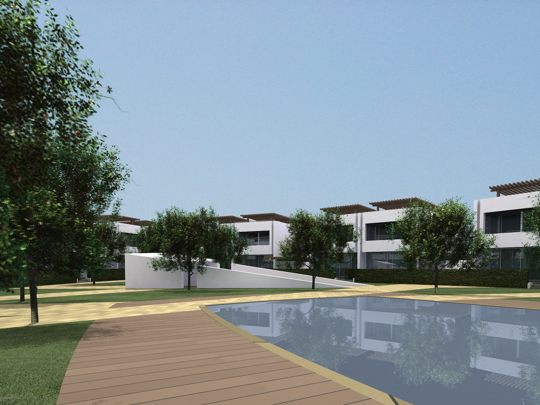 Modern residential complex with white buildings, large glass windows, wooden pergolas on rooftops, trees, a swimming pool, and a paved walkway under a clear blue sky.