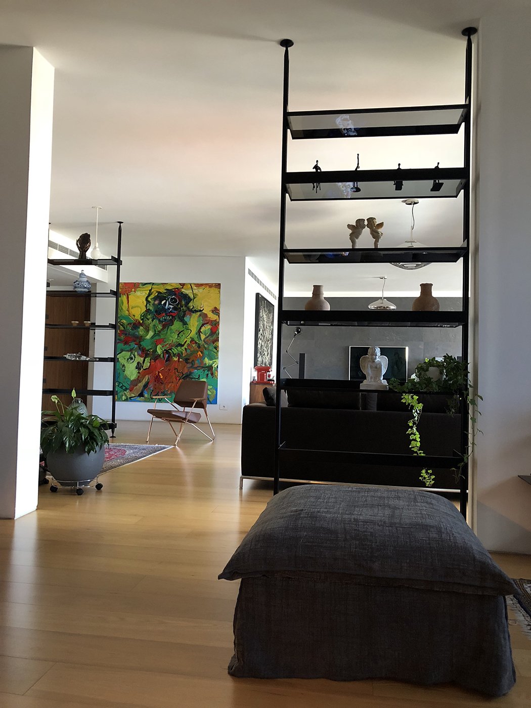Interior view of a modern living space with a black metal and glass divider, artwork, plants, and furniture.