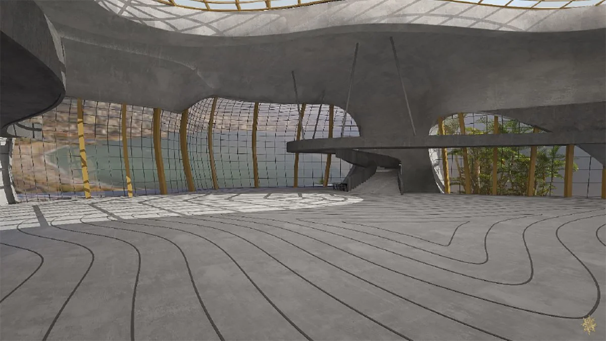 Interior of a modern architectural building with curving concrete structures and a large glass wall with yellow supports, allowing natural light to cast patterned shadows.