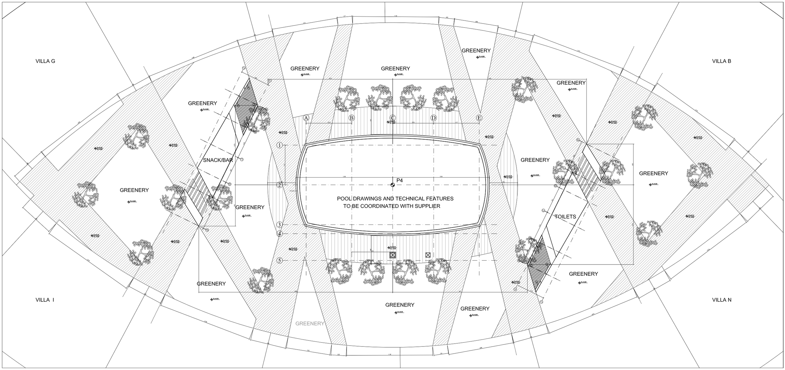 Architectural site plan for a pool area surrounded by greenery, trees, and pavilion structures, with labeled villas and designated zones for snack/bar and toilets.