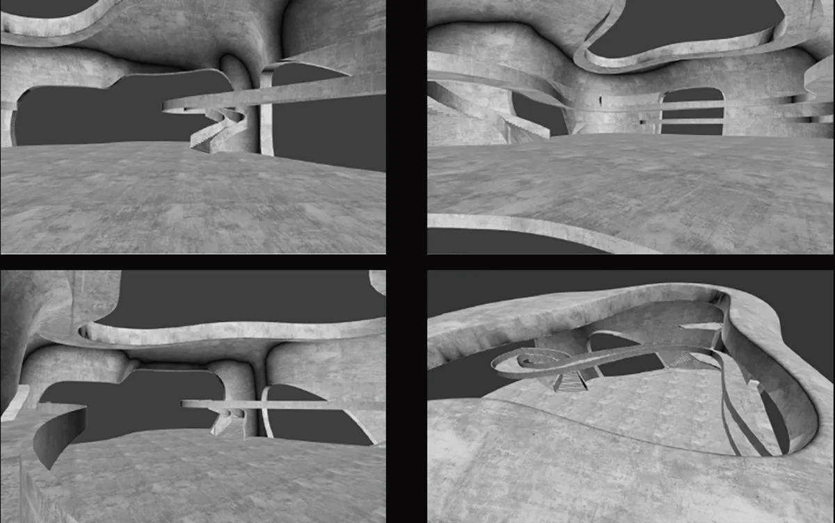 Four black and white 3D renderings of a surreal architectural structure with flowing, organic shapes and multiple levels and openings.