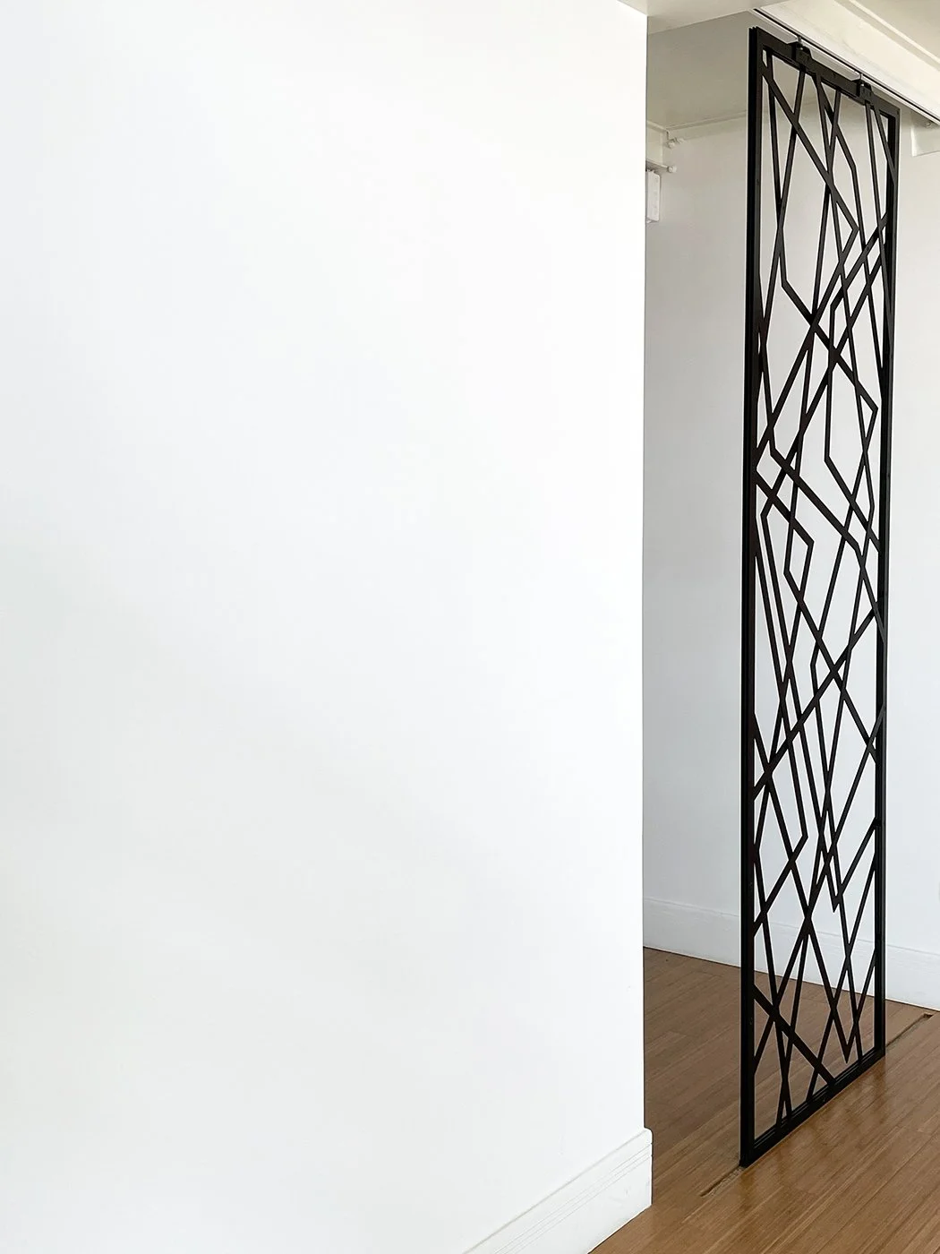 Interior space with white wall, wooden floor, and black decorative sliding metal room divider.