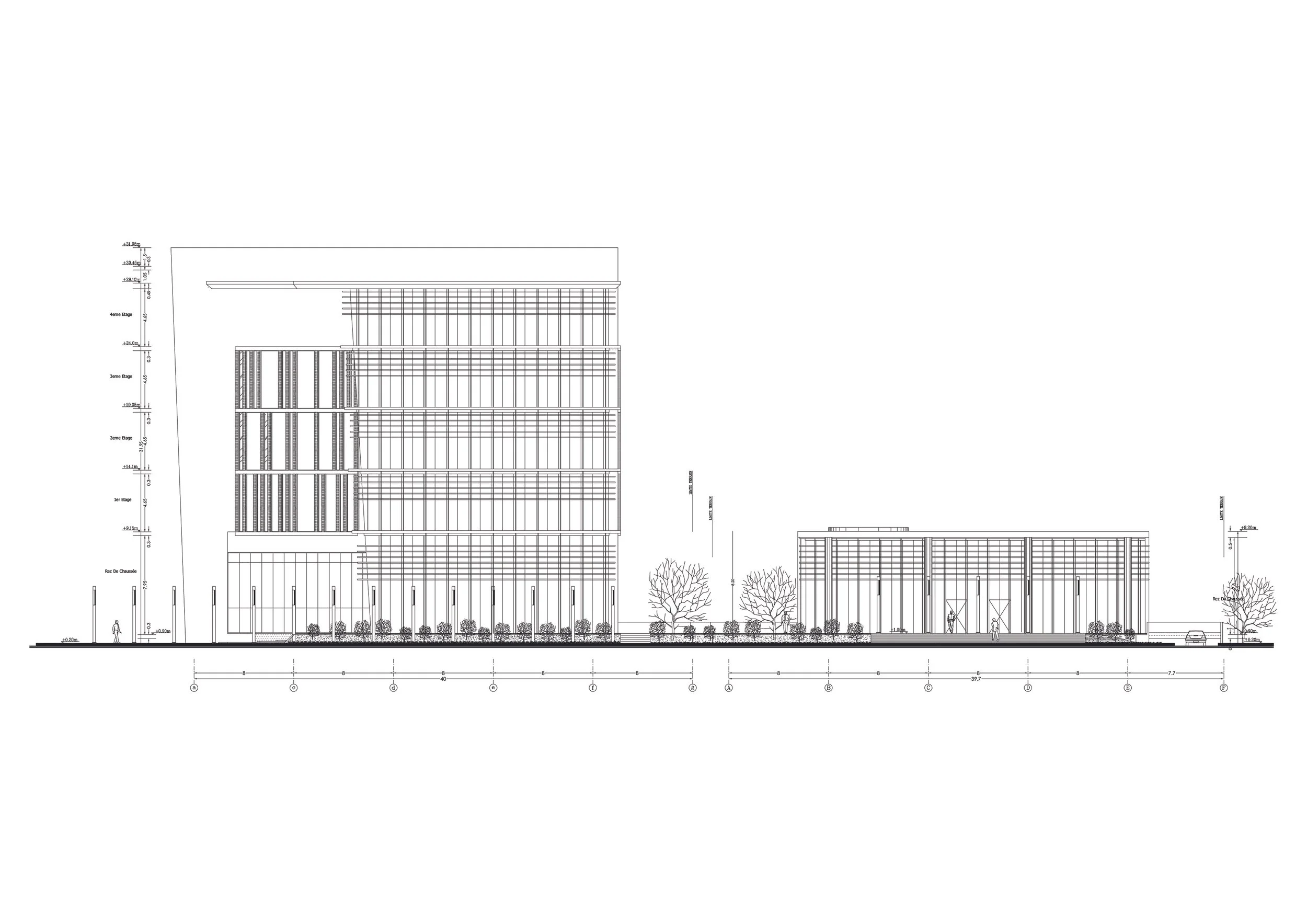 Architectural blueprint of a multi-story building with detailed measurements, trees, and human figures in black and white.