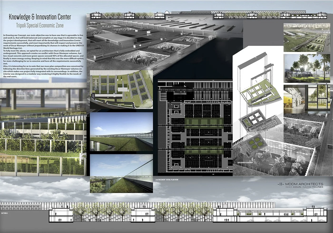 Design plan and architectural renderings of a Knowledge and Innovation Center in Tripoli's Special Economic Zone, featuring multiple views, layouts, and sections of the facility with green spaces and modern structures.