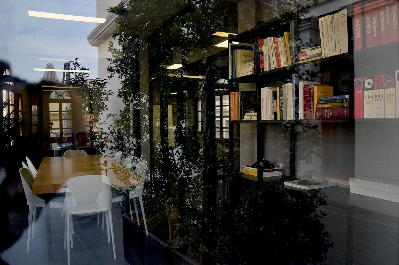 Interior view of a room with a wooden table and white chairs, seen through a glass window with reflections of trees, bookshelves filled with books, and outdoor plants visible inside the room.