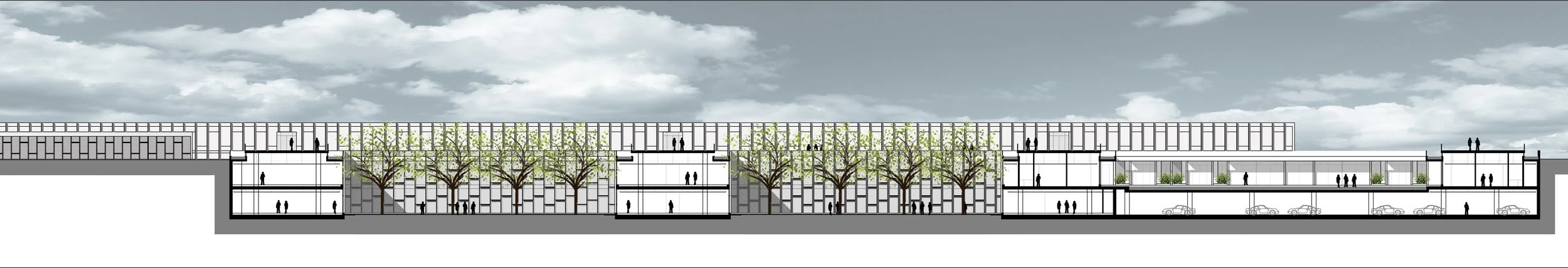 Cross-section architectural drawing of a multi-story building with underground parking, trees in the courtyard, and people walking on the upper levels.