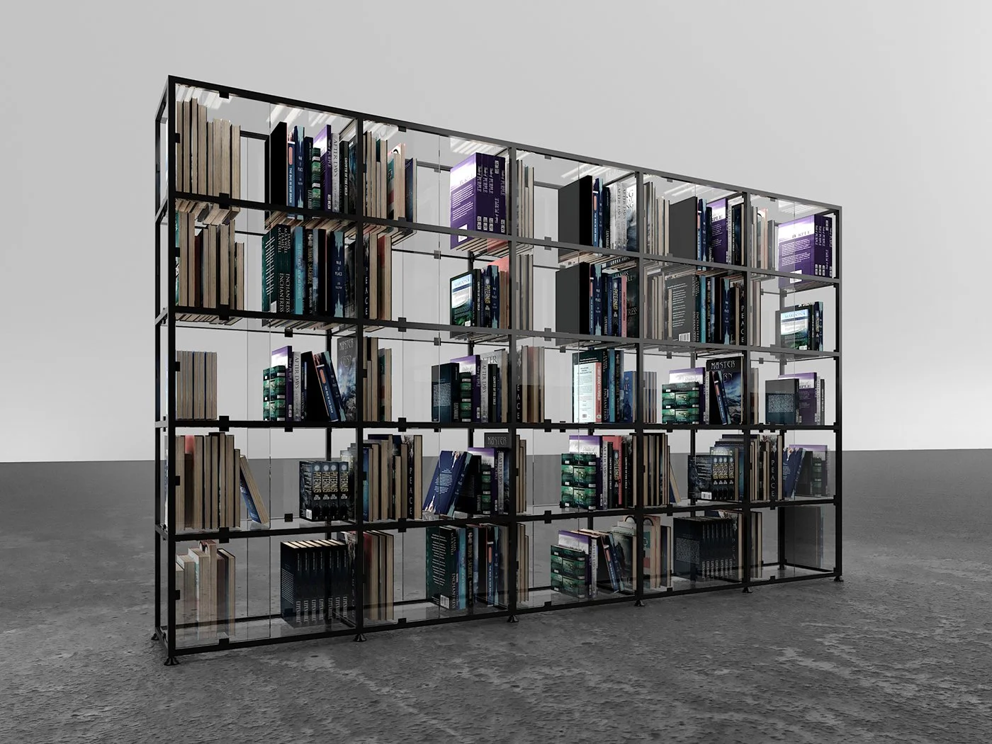 A modern bookshelf with black metal frame and glass shelves filled with books, set against a plain white wall.