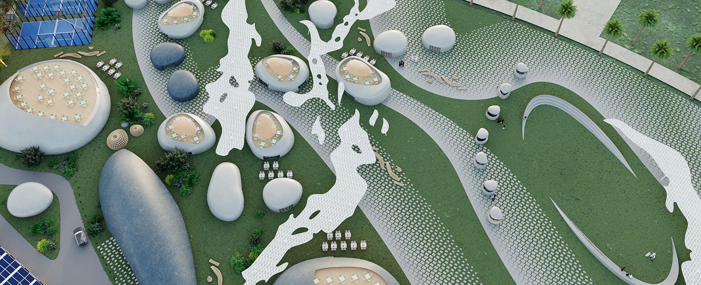 A modern architectural landscape with rounded and irregularly shaped structures, green lawns, pathways, and trees.