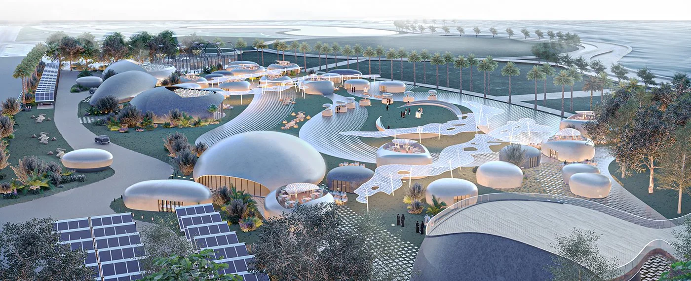 Futuristic architectural design featuring interconnected white dome-like structures, curving pathways, and palm-lined surroundings.