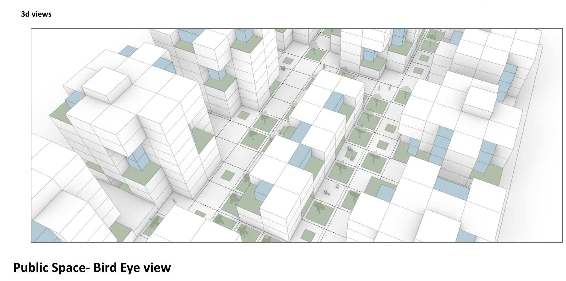 3D bird's eye view of an urban public space with white buildings, green and blue rooftop gardens, trees, and pathways