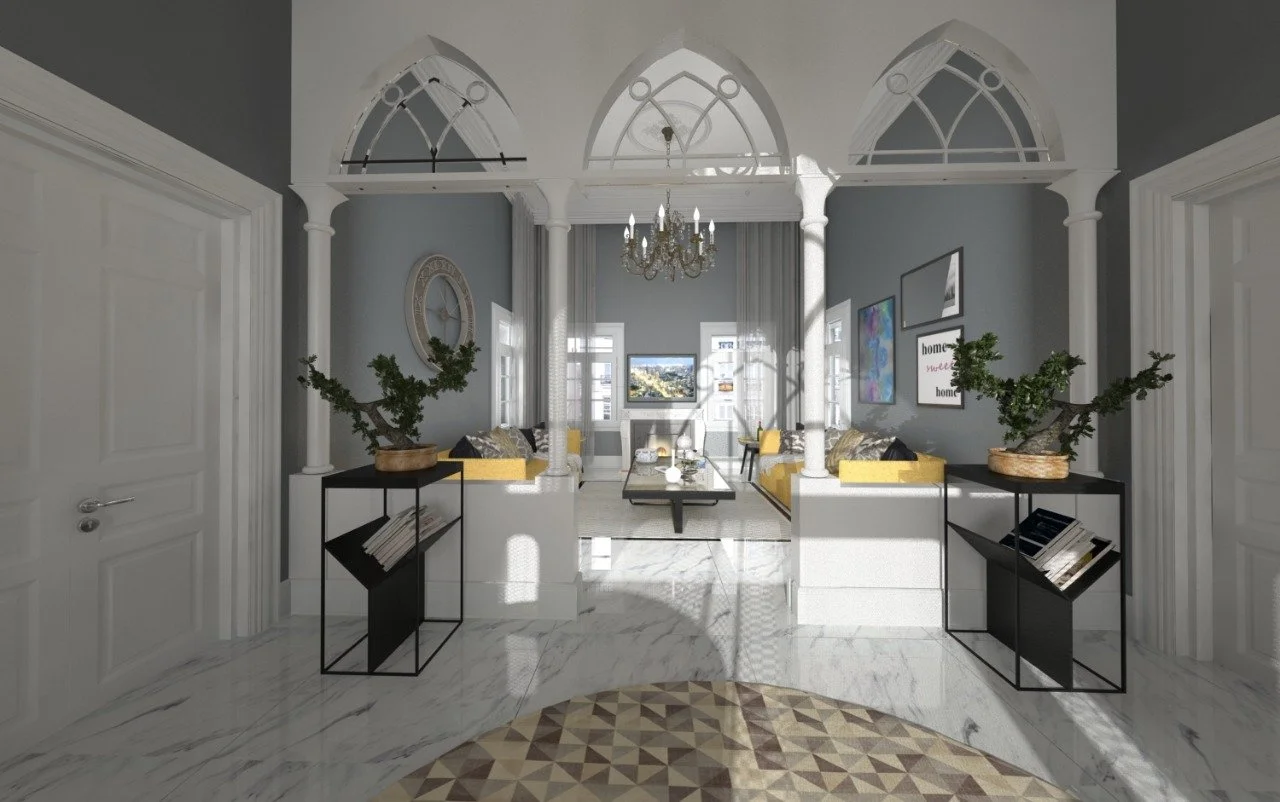 Elegant living room with gray walls, white marble floor, and large windows. Features yellow sofas, a chandelier, framed artwork, and decorative plants.