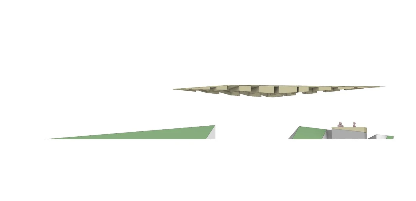 Architectural model of a modern building with layered roof and green landscaped areas.