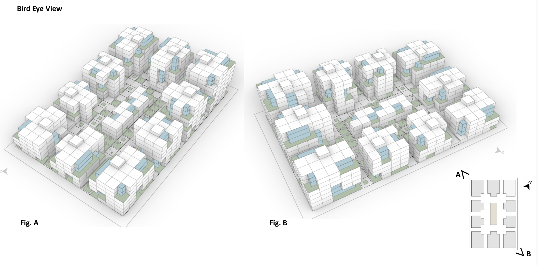 3D architectural diagram of a housing complex with multiple buildings, green spaces, and pathways, viewed from two different angles, labeled as Fig. A and Fig. B.
