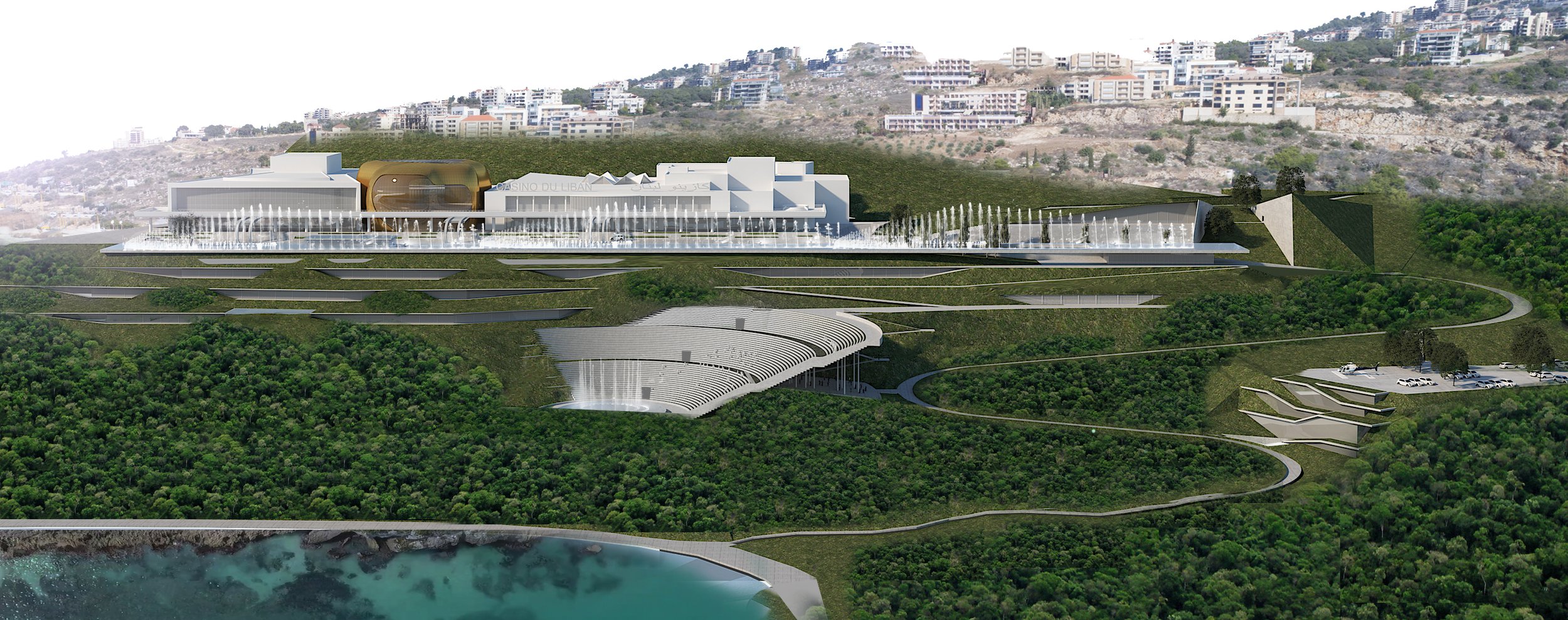 A modern architectural design of a large building with water fountains, landscaped terraces, and parking area, situated on a hillside with a view of a city in the background.