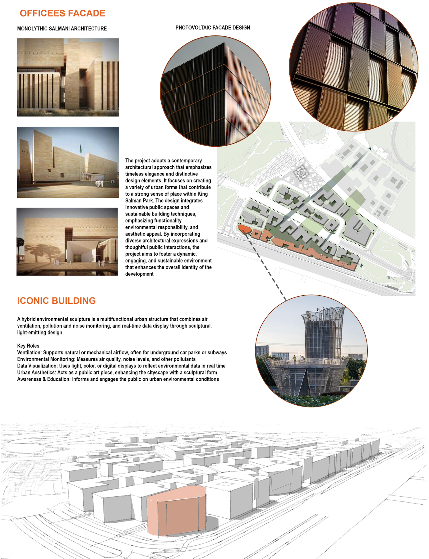 Architectural project display with images of modern office buildings and a site plan. There are three circular close-up images of building facade designs, including photovoltaic and solar shutter elements. Text describes the project focusing on conte