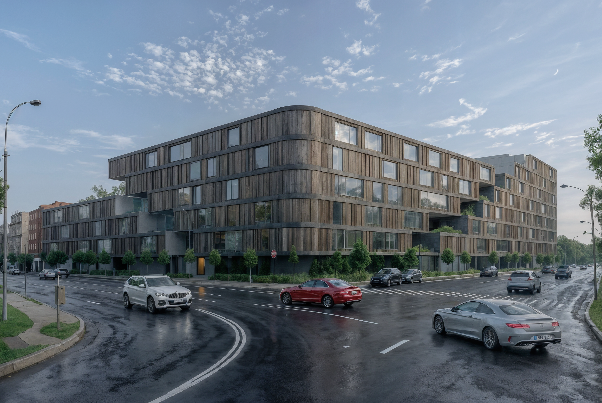 Modern multi-story building with a wooden facade, large windows, surrounded by parked cars on a wet street, under a cloudy sky. Beirut architecture