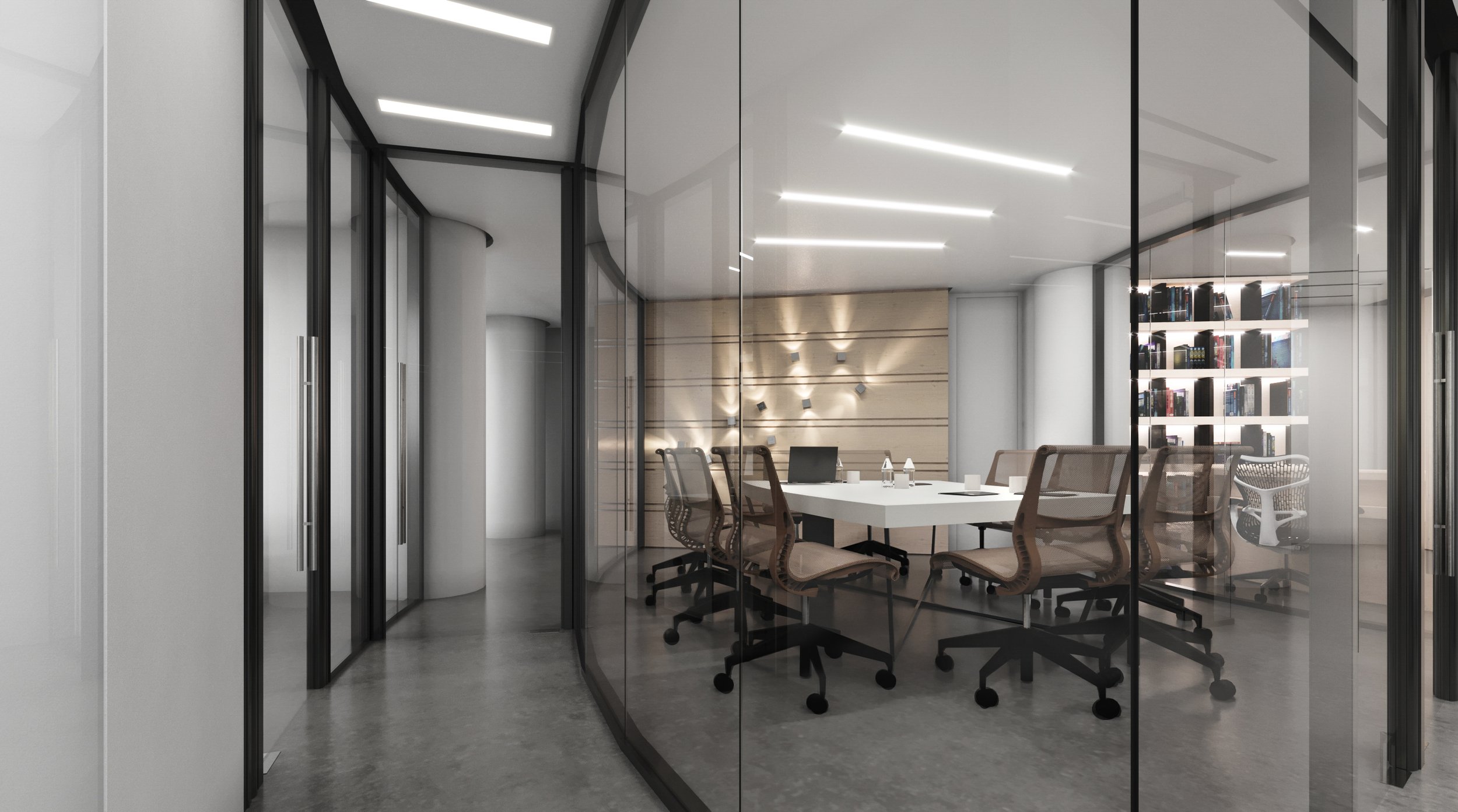 Modern office conference room with glass walls, a long white table, eight brown office chairs, a wooden accent wall with lighting, and bookshelves filled with books.
