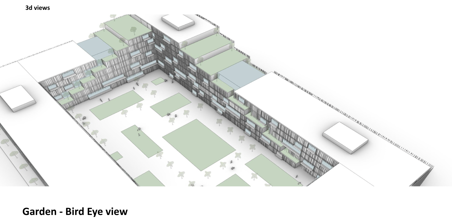 3D rendering of a modern multi-story residential building with a central courtyard featuring green lawns, trees, and pathways, labeled as "Garden - Bird Eye view".