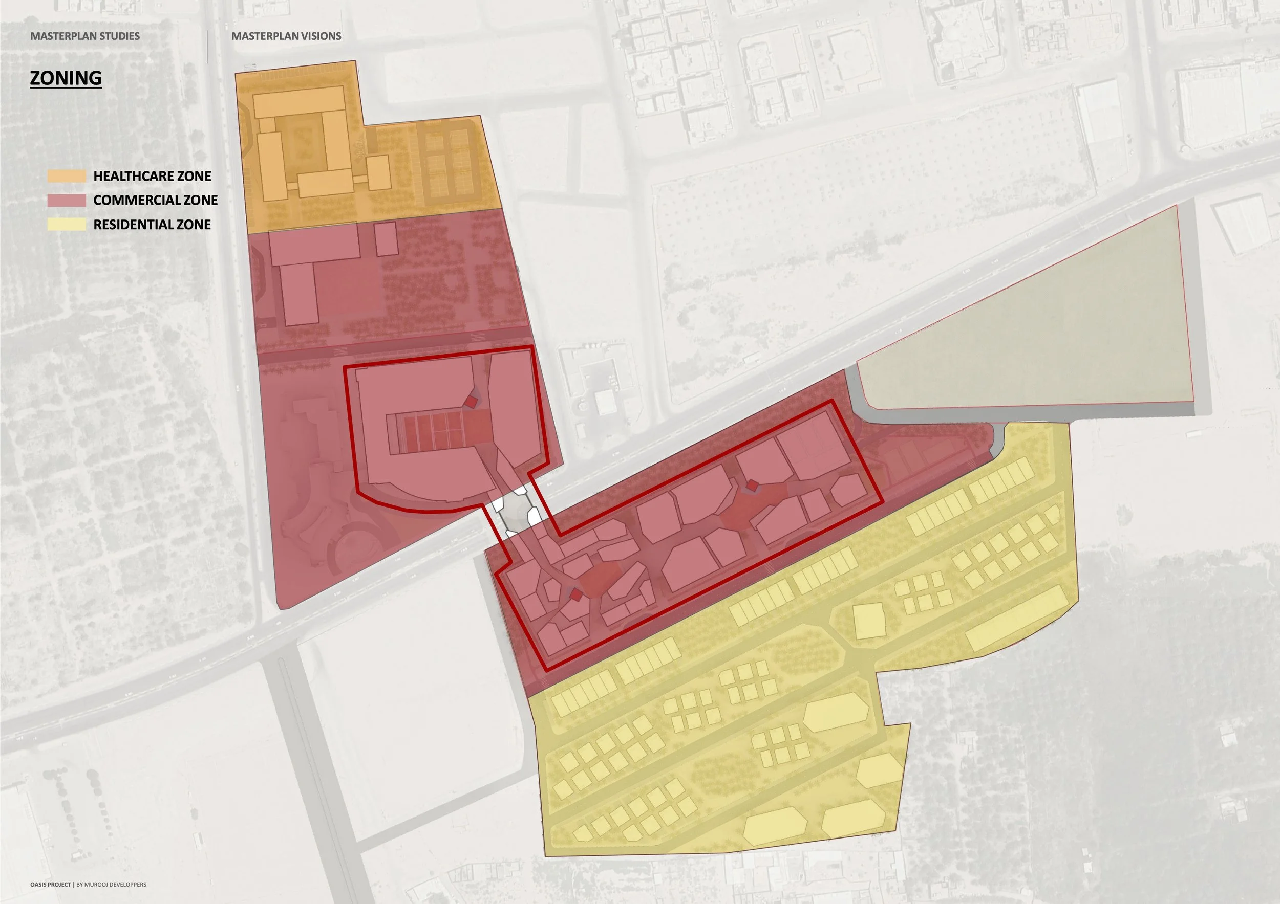 Color-coded conceptual land use zoning map showing healthcare zone in orange, commercial zone in pink, and residential zone in yellow, with labels and borders for planning and development.