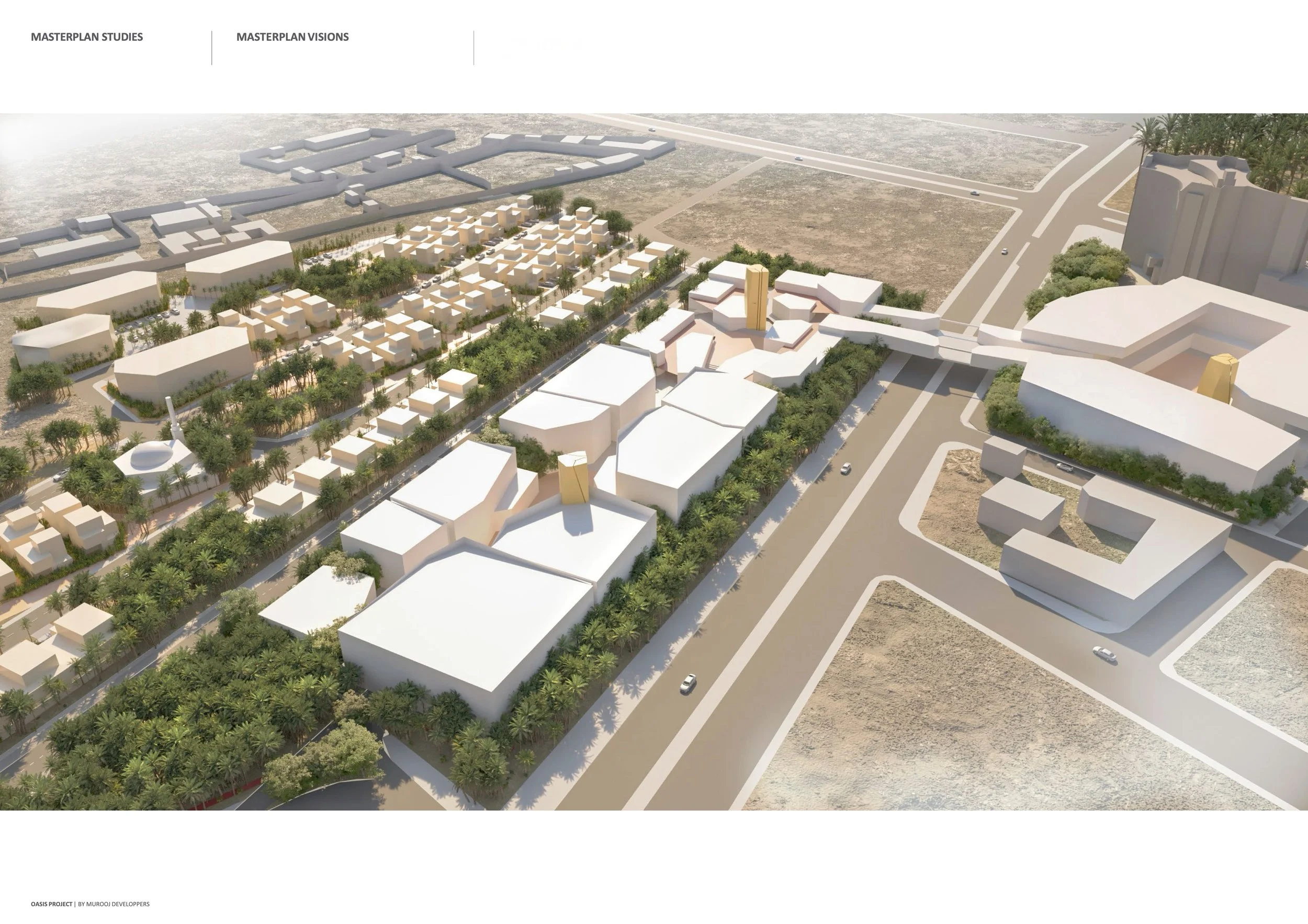 A detailed architectural rendering of a large urban development project featuring a mix of green spaces, modern buildings, and wide roads.