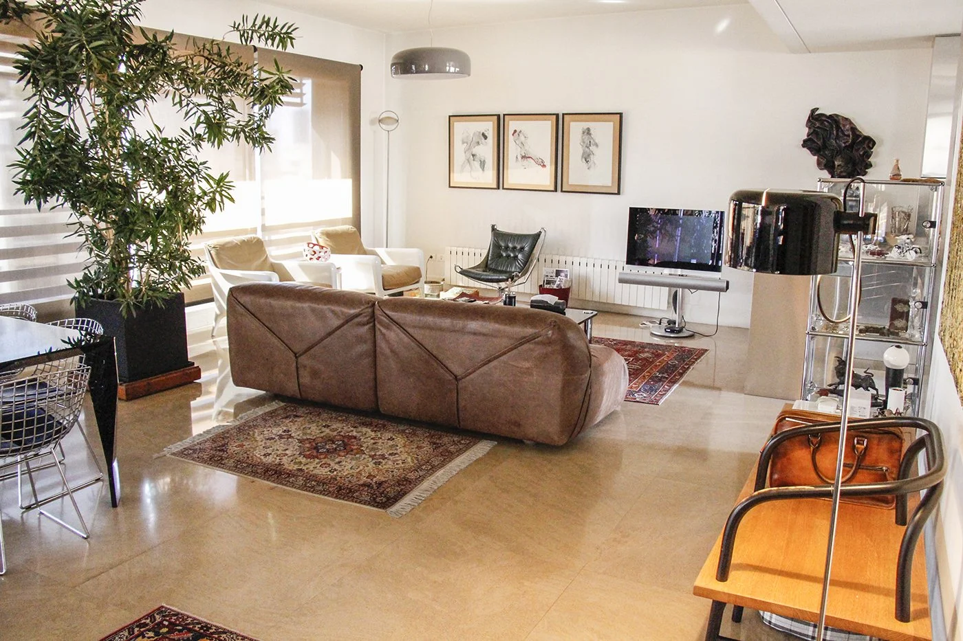 Living room with brown leather couch, white armchairs, a black chair, a TV, a glass display shelf, artwork on the wall, a large indoor plant, and a patterned rug.