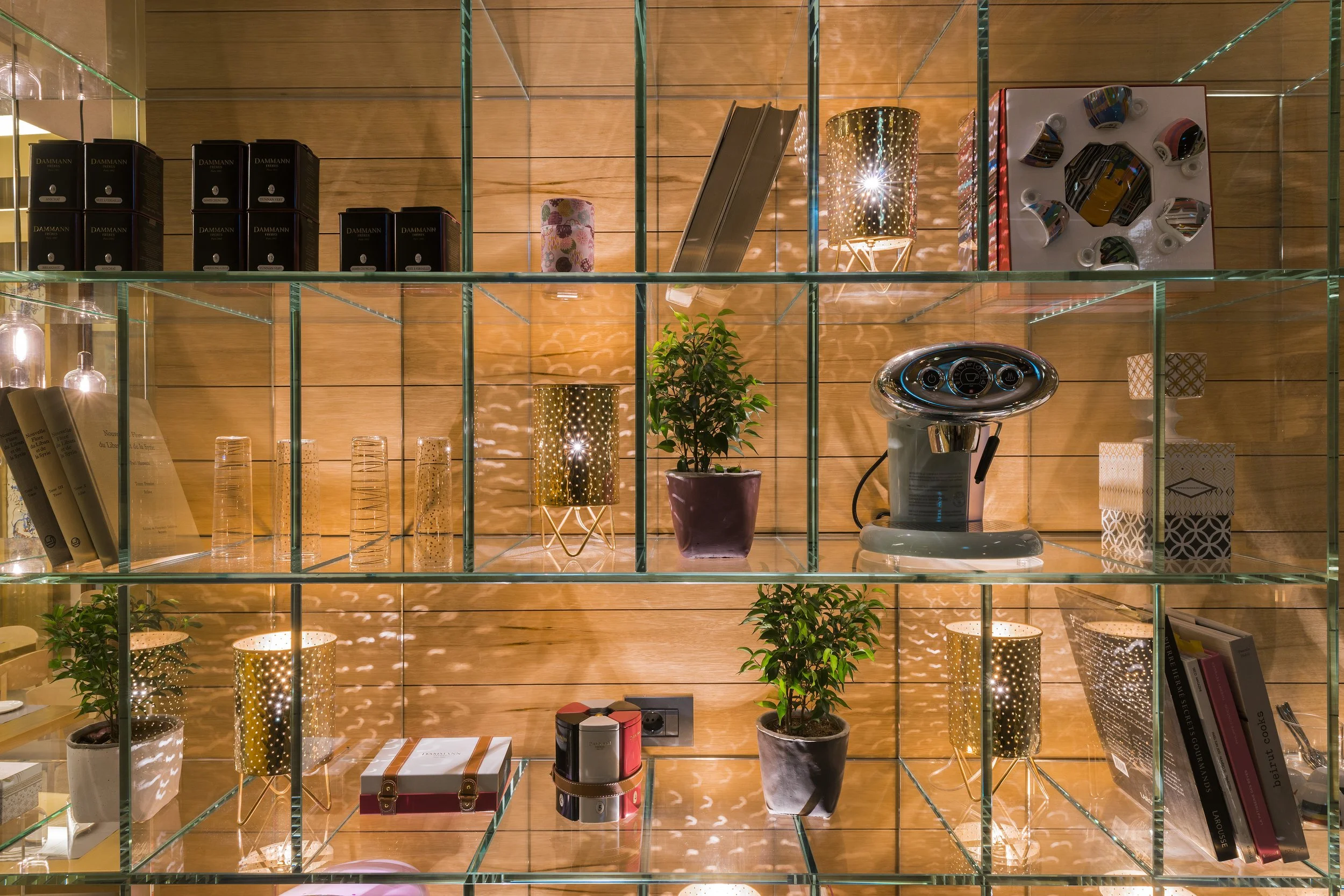 Glass shelf with various decorative items including small plants, candles, books, teacups, and kitchen appliances, against a wooden wall.