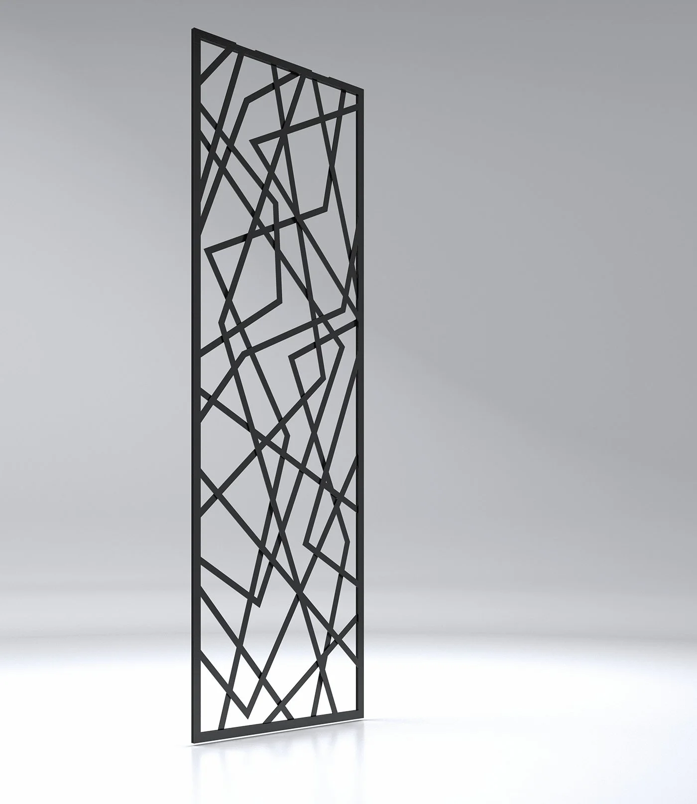 A tall, black, rectangular decorative metal panel with abstract geometric cutouts in a random pattern.