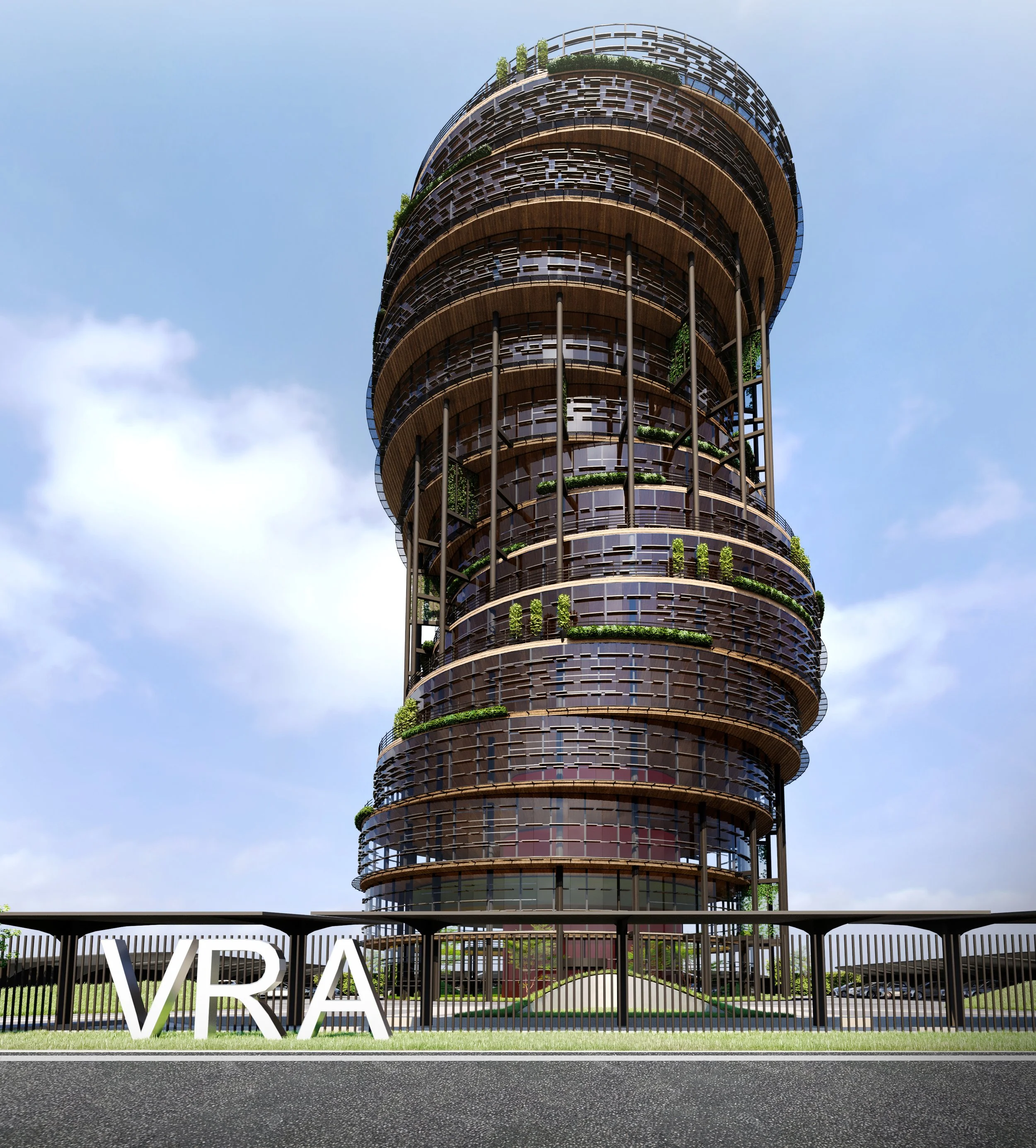 Modern high-rise building with a spiral design, featuring alternating balconies and green plants, set against a blue sky, with an outdoor fence and large white text at the front.