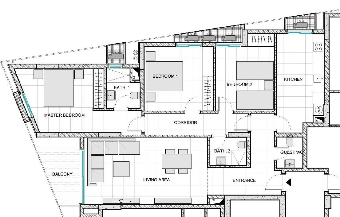 Floor plan of a house with labeled rooms including master bedroom, two additional bedrooms, kitchen, living area, bathrooms, guest WC, corridor, entrance, and balcony.