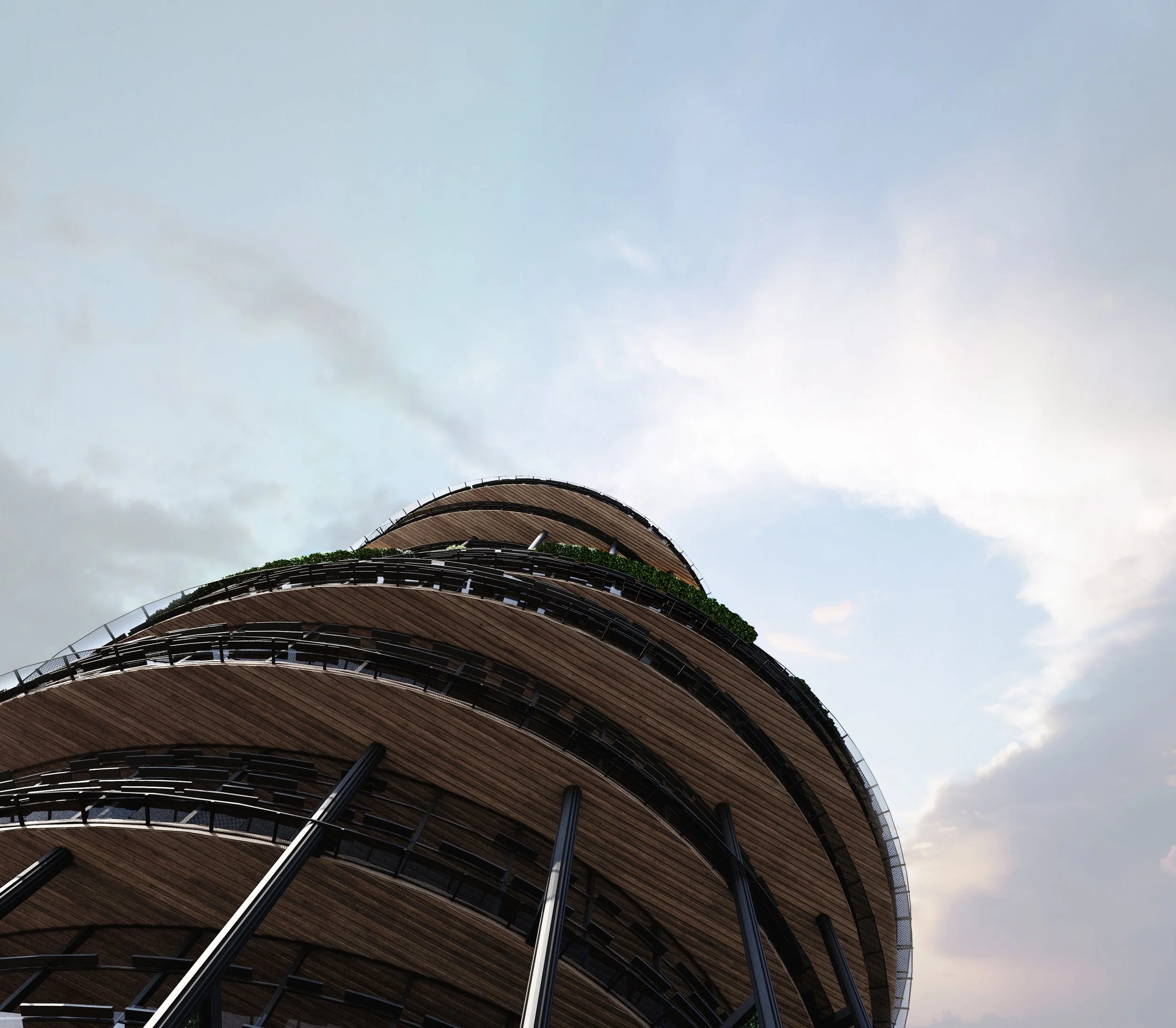 Progressive building with curved wooden exterior and glass windows, viewed from below against a cloudy sky.