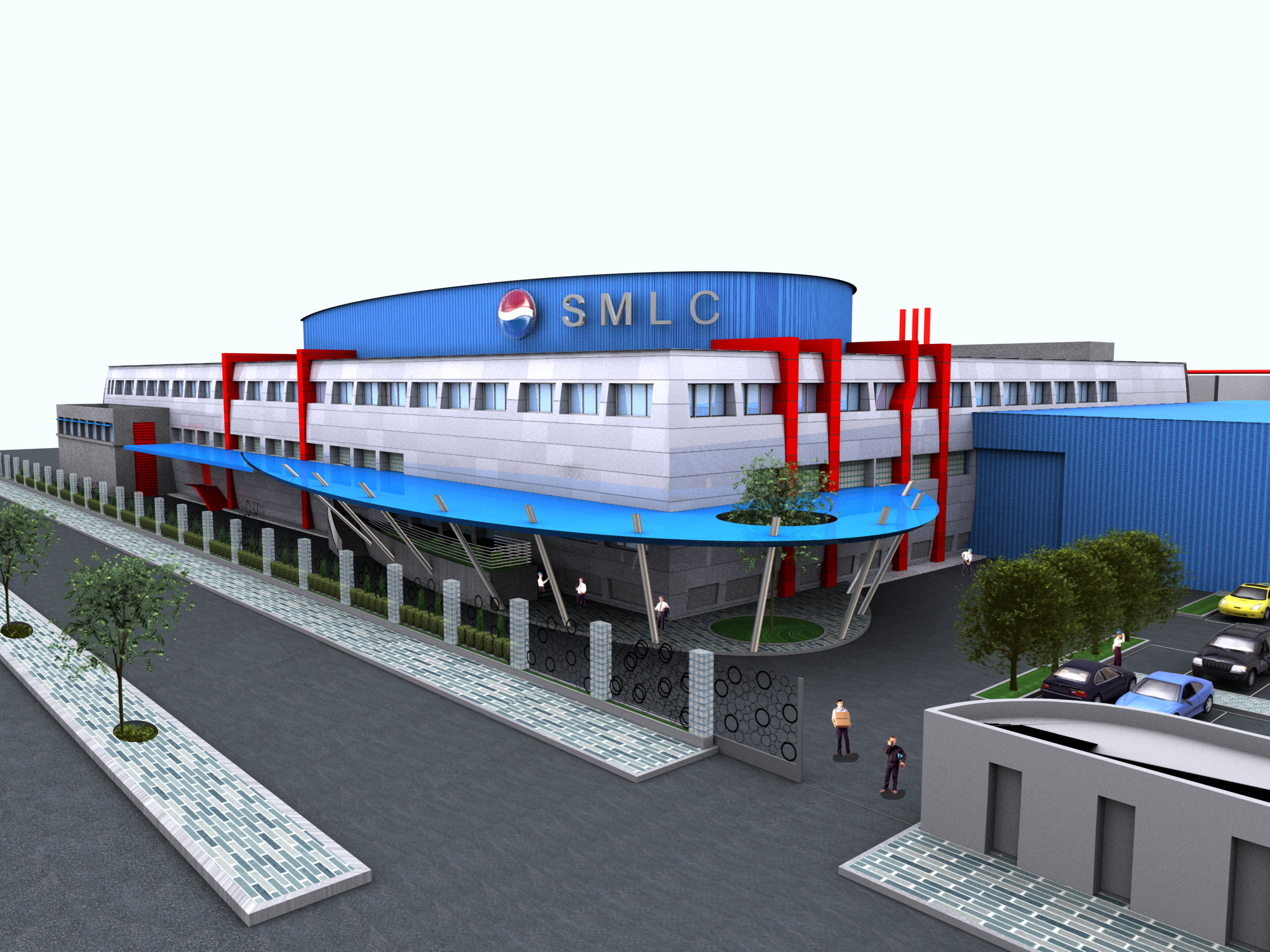 Digital rendering of a modern building labeled SMLC with a blue curved roof and red structural elements. The building features a decorative circular opening on a blue canopy over an entrance, and is surrounded by parking lots, greenery, and pedestrians.