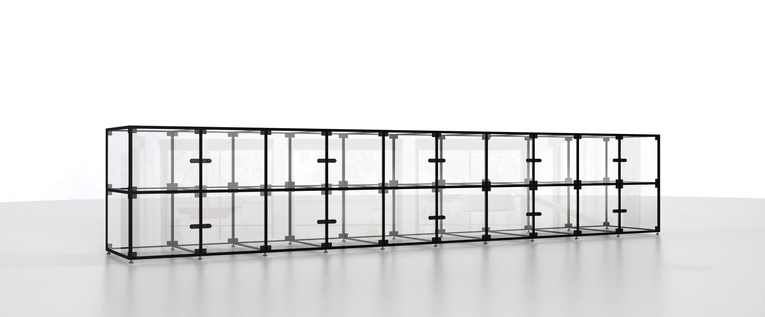 A minimalist black metal and glass shelving unit with multiple compartments, placed against a plain white background.